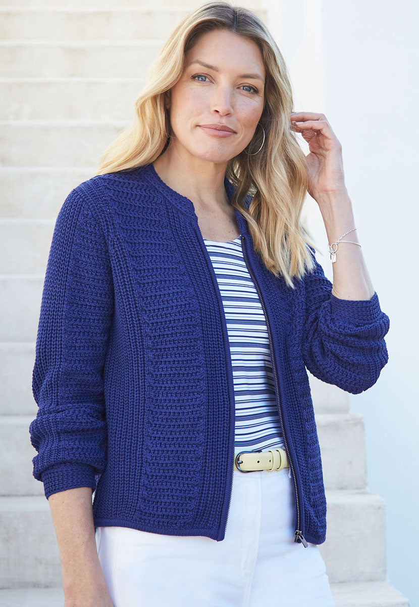 Jessica Knitted Zip-Front Cardigan - French Navy