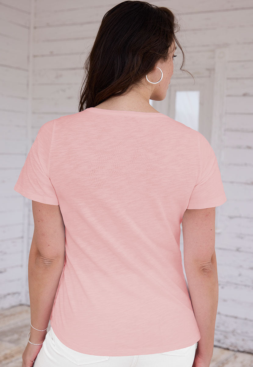 Jody Short Sleeve V Neck Top - Blossom Pink Knitted Look Fabric with Raglan sleeves and Relaxed Shape Back View
