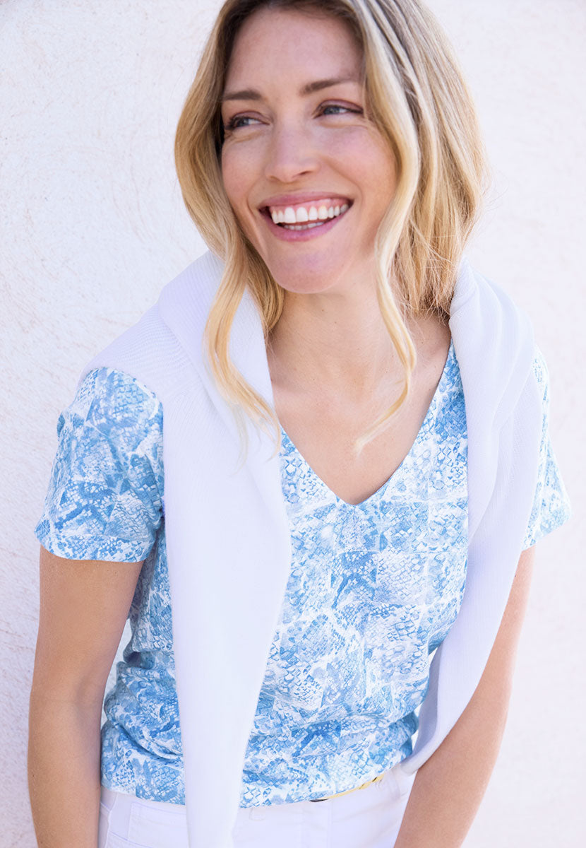 Jody Short Sleeve V-Neck Cotton Top - Bluebell