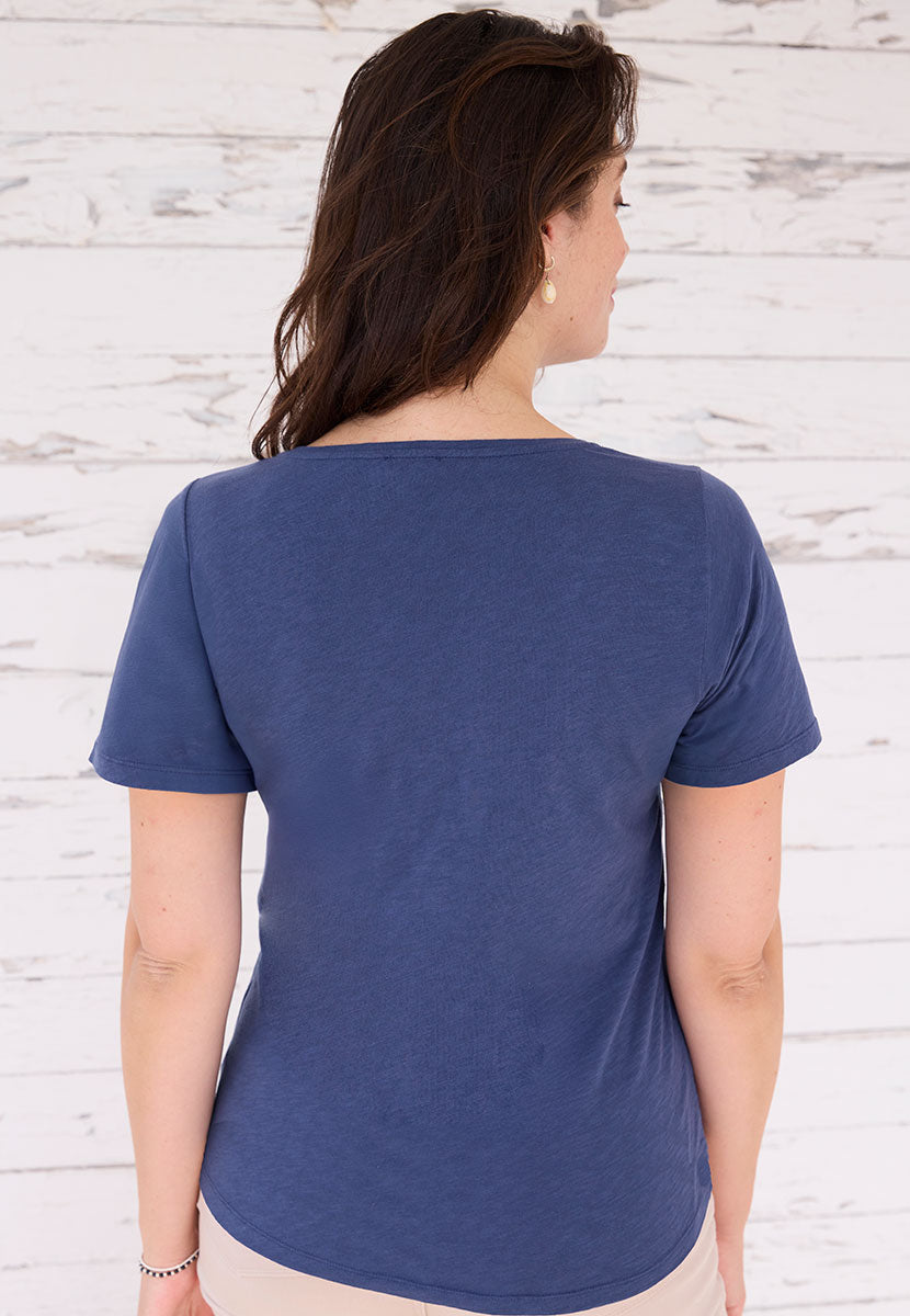 Jody Short Sleeve V Neck Top - French Navy Blue Knitted Look Fabric with Raglan sleeves and Relaxed Shape Back View