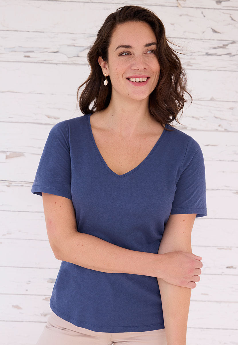 Jody Short Sleeve V Neck Top - French Navy Blue Knitted Look Fabric with Raglan sleeves and Relaxed Shape
