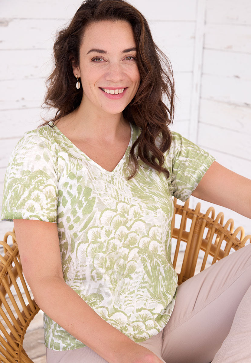 Jody Short Sleeve V-Neck Cotton Top - Olive Print Green and White Floral Design Relaxed Fit Soft Cotton Fabric with Flattering Curved Back Hem Front Alt View