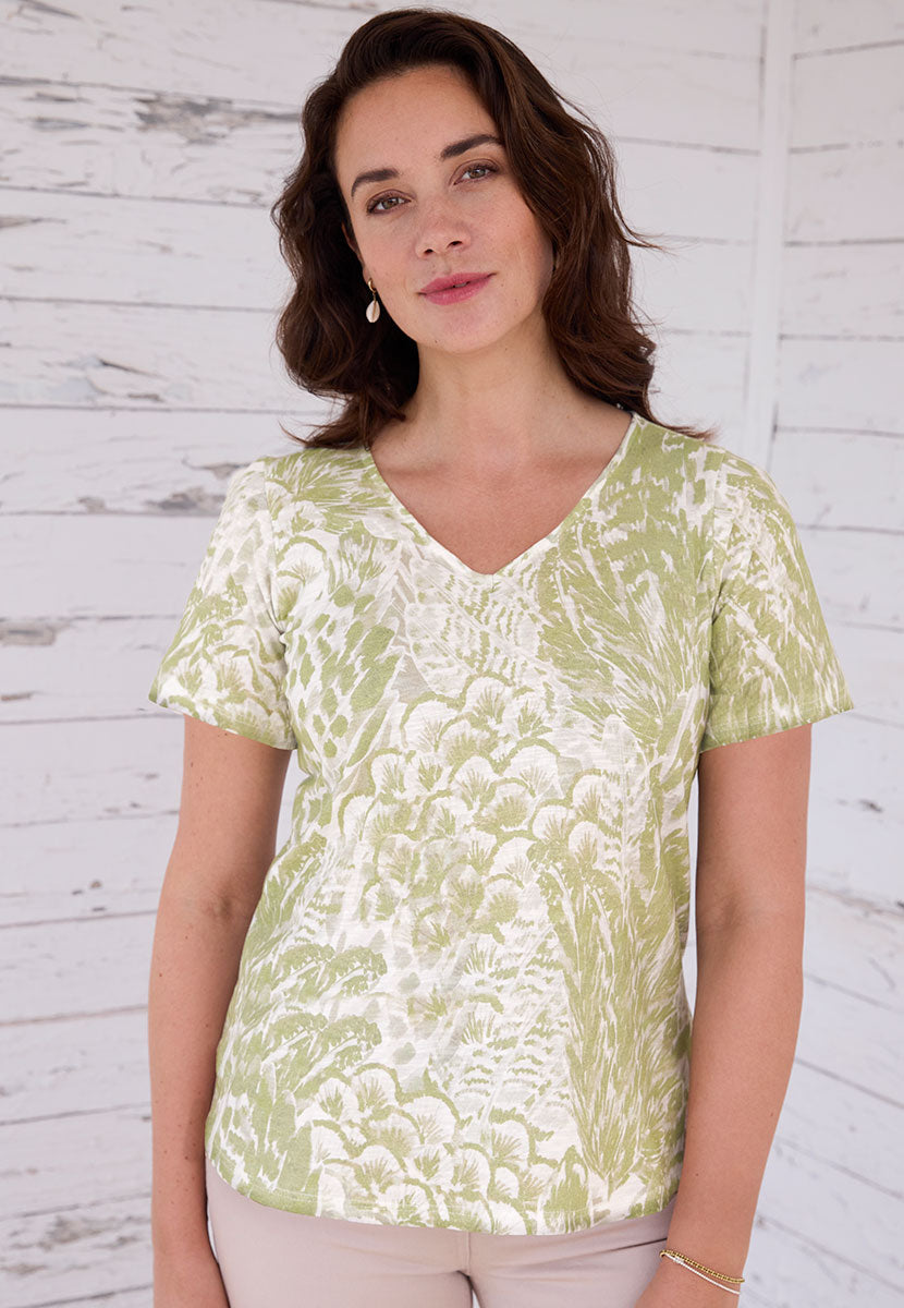 Jody Short Sleeve V-Neck Cotton Top - Olive Print Green and White Floral Design Relaxed Fit Soft Cotton Fabric with Flattering Curved Back Hem.