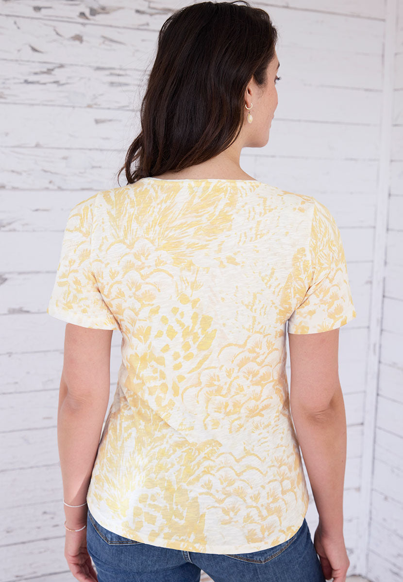 Jody Short Sleeve V Neck Cotton Top - Pastel Yellow Yellow and White Floral Design Relaxed Fit Soft Cotton Fabric with Flattering Curved Back Hem Back View