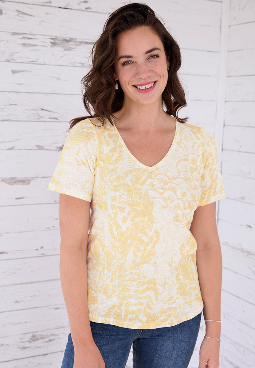 Jody Short Sleeve V Neck Cotton Top - Pastel Yellow Yellow and White Floral Design Relaxed Fit Soft Cotton Fabric with Flattering Curved Back Hem