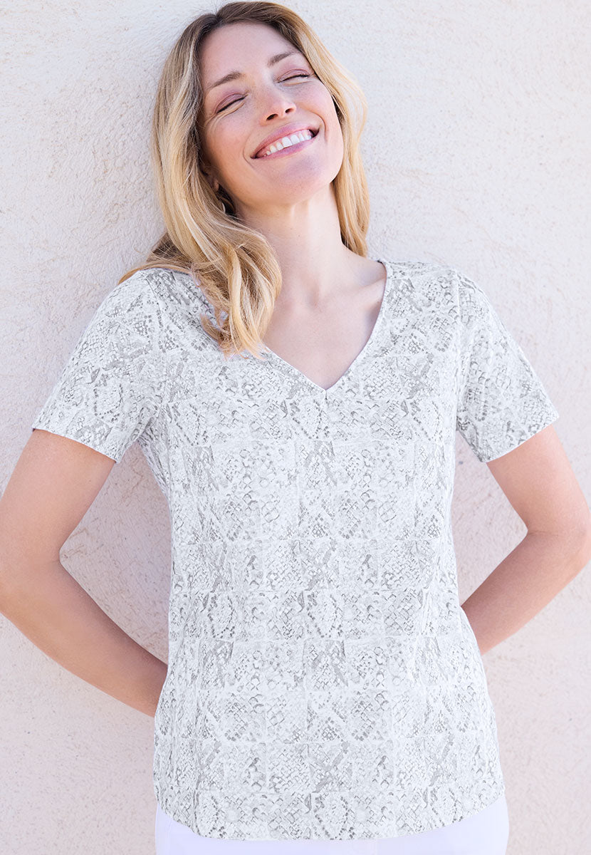 Jody Short Sleeve V-Neck Cotton Top - Silver Grey