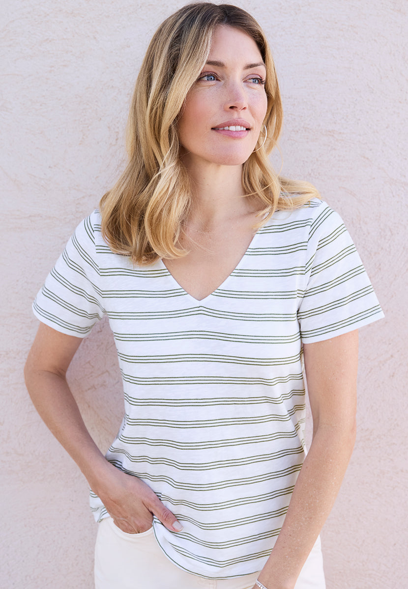 Jody Short Sleeve V-Neck Cotton Top - Soft Khaki Stripe