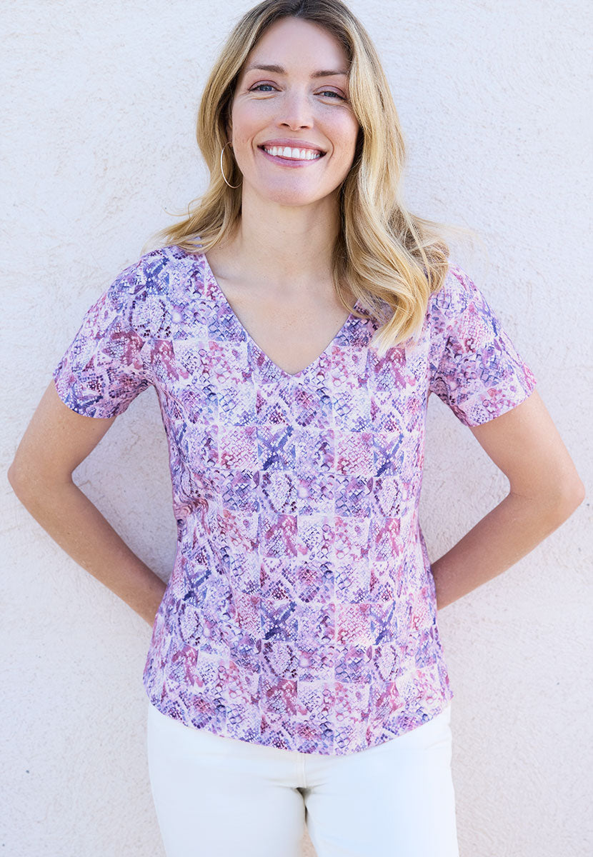 Jody Short Sleeve V-Neck Cotton Top - Soft Purple