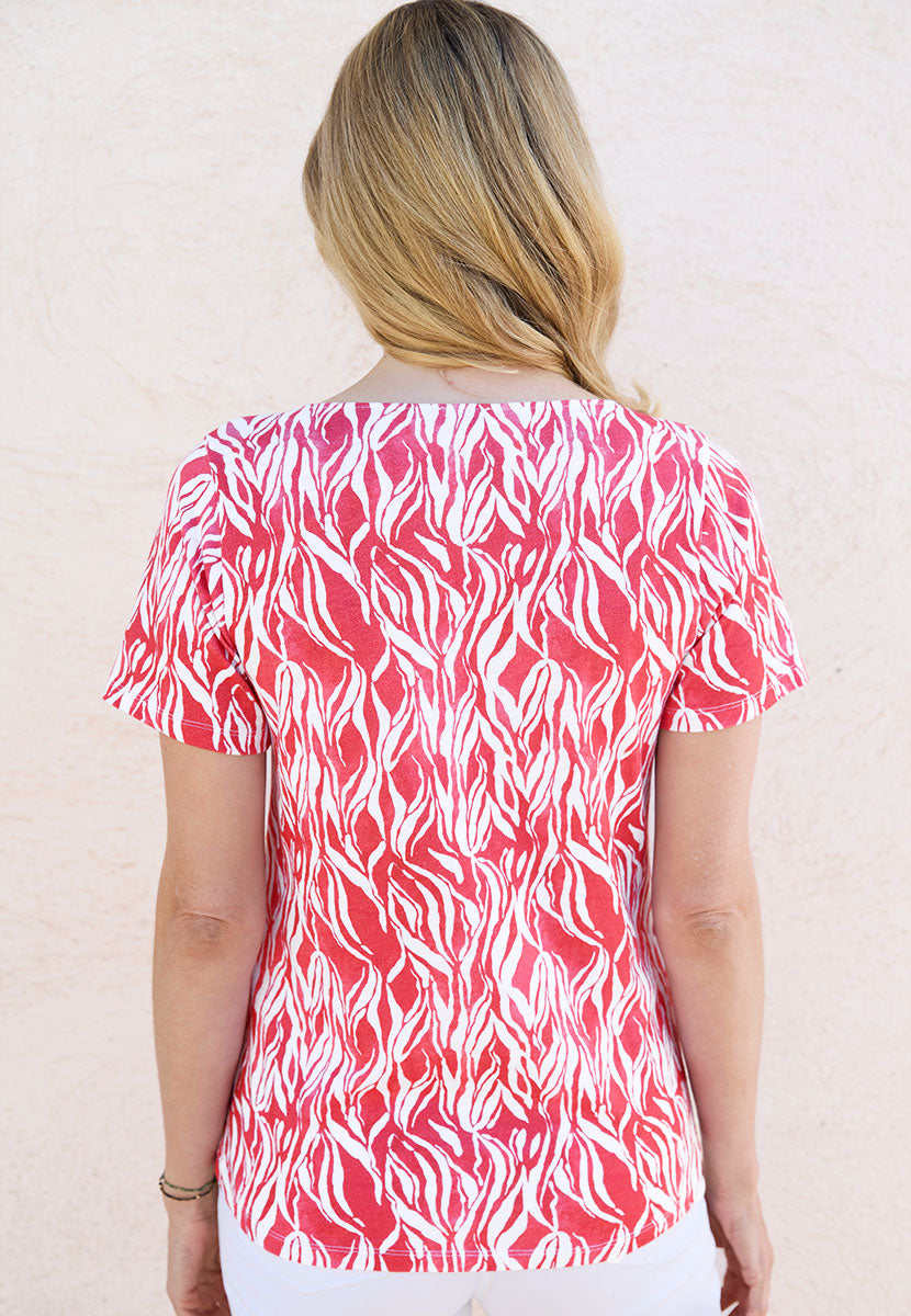 Jody Short Sleeve V-Neck Cotton Top - Terracotta Red