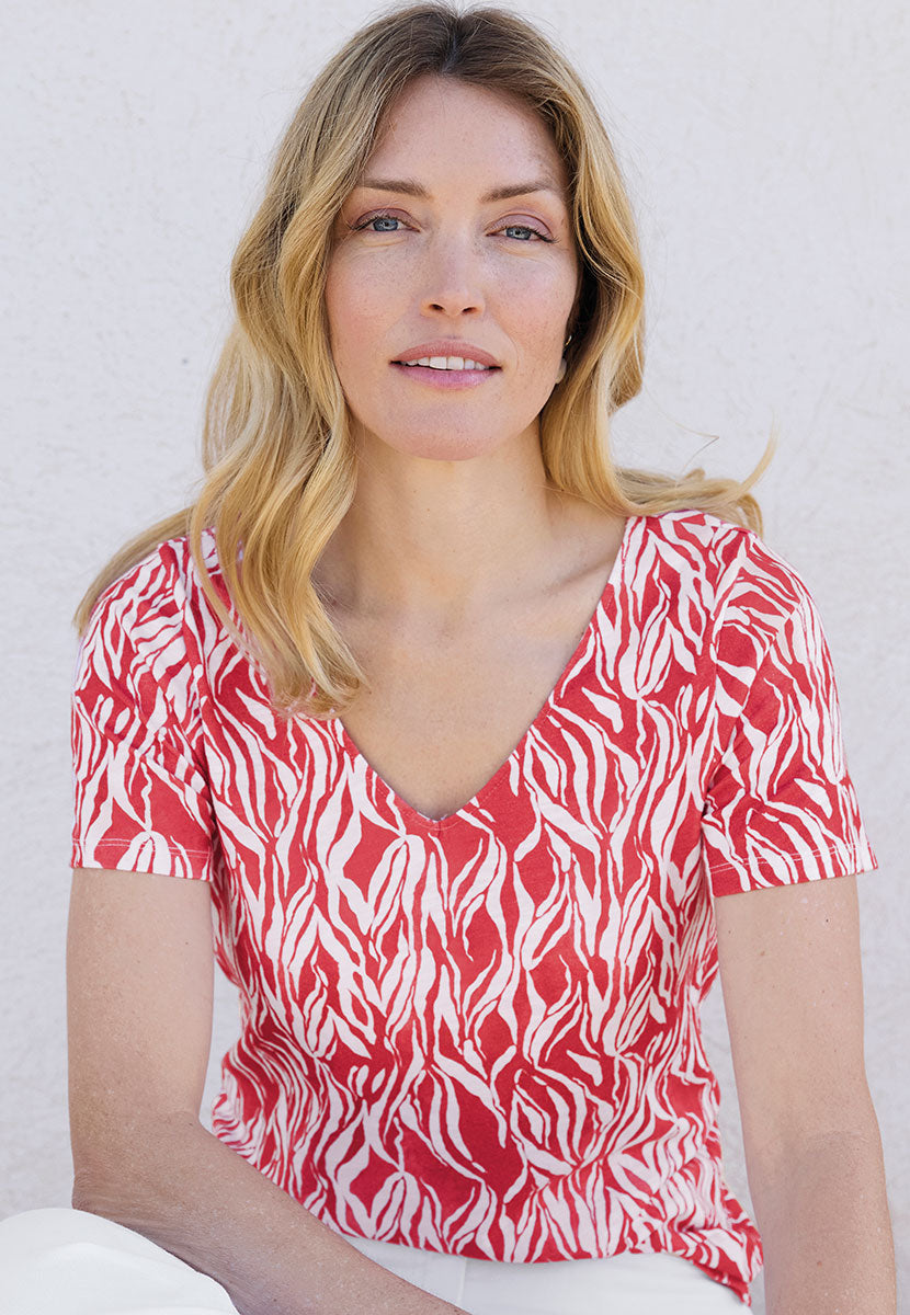 Jody Short Sleeve V-Neck Cotton Top - Terracotta Red