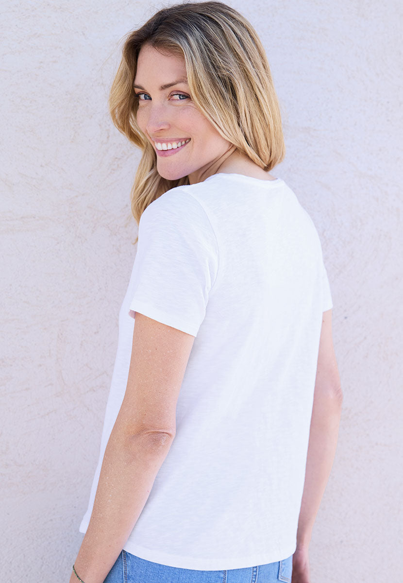 Jody Short Sleeve V-Neck Cotton Top - White