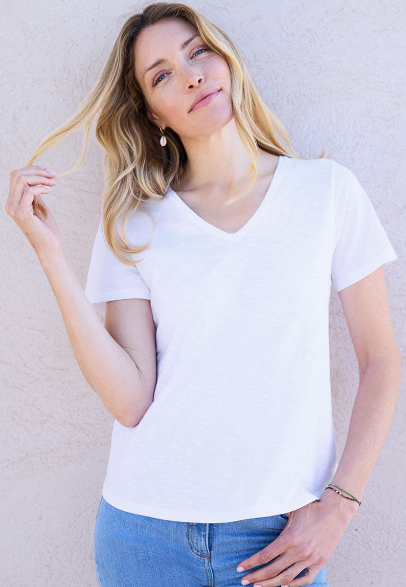 Jody Short Sleeve V-Neck Cotton Top - White
