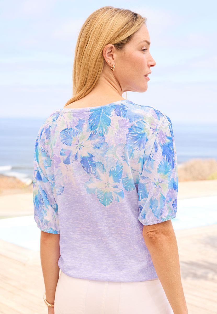 Josie Wide Neck Jersey Cotton Top - Nicosia Print Purple Summer Perfect Vibrant Placement Floral Print Gathered Cuffs and Hem Back View