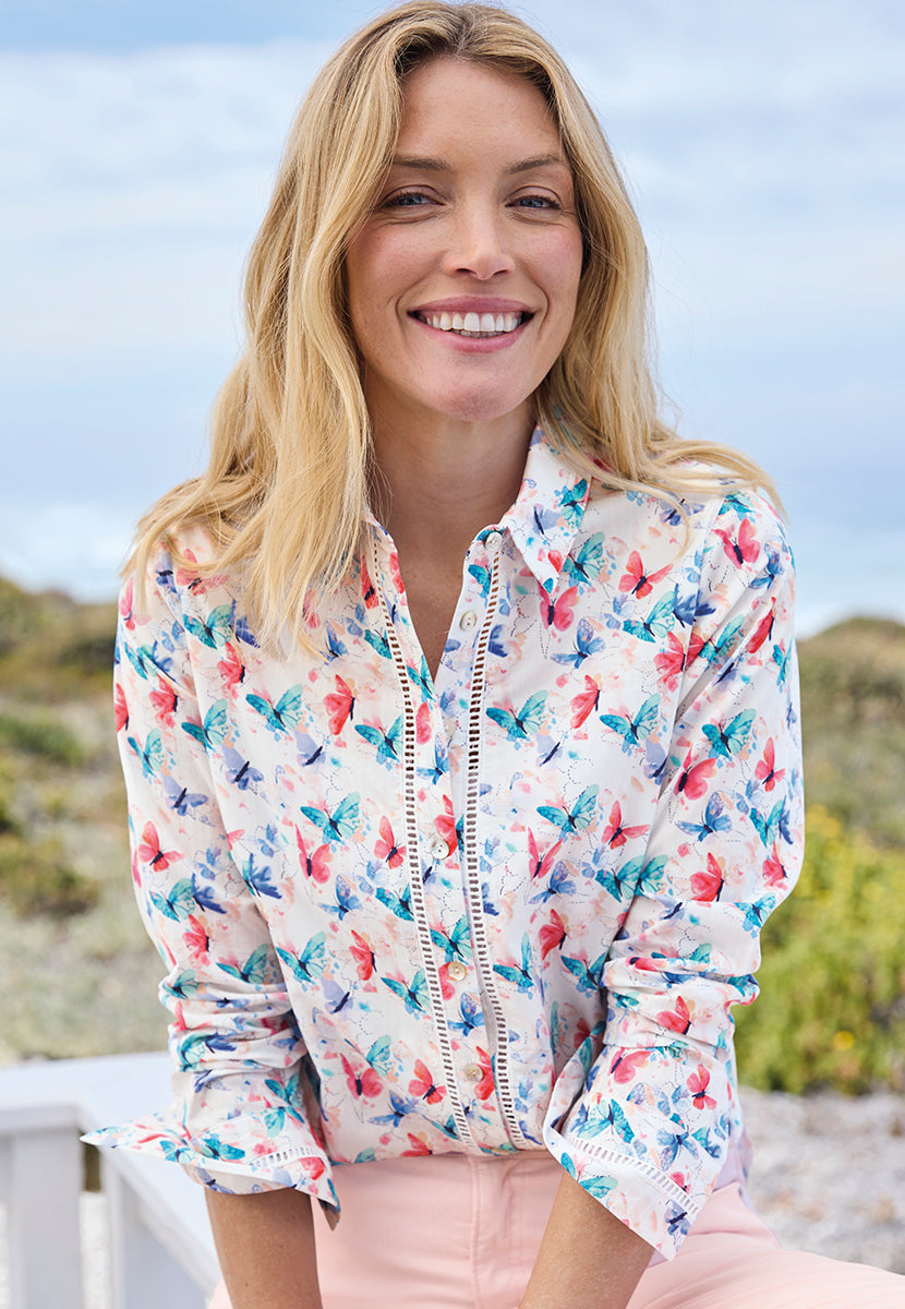 Julianna Long Sleeve Cotton Shirt - Santiago Butterfly Print Front View