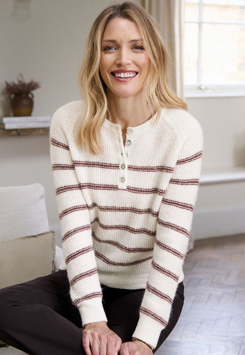 Kara Knitted Henley Jumper - Chocolate Stripe Front Alt View