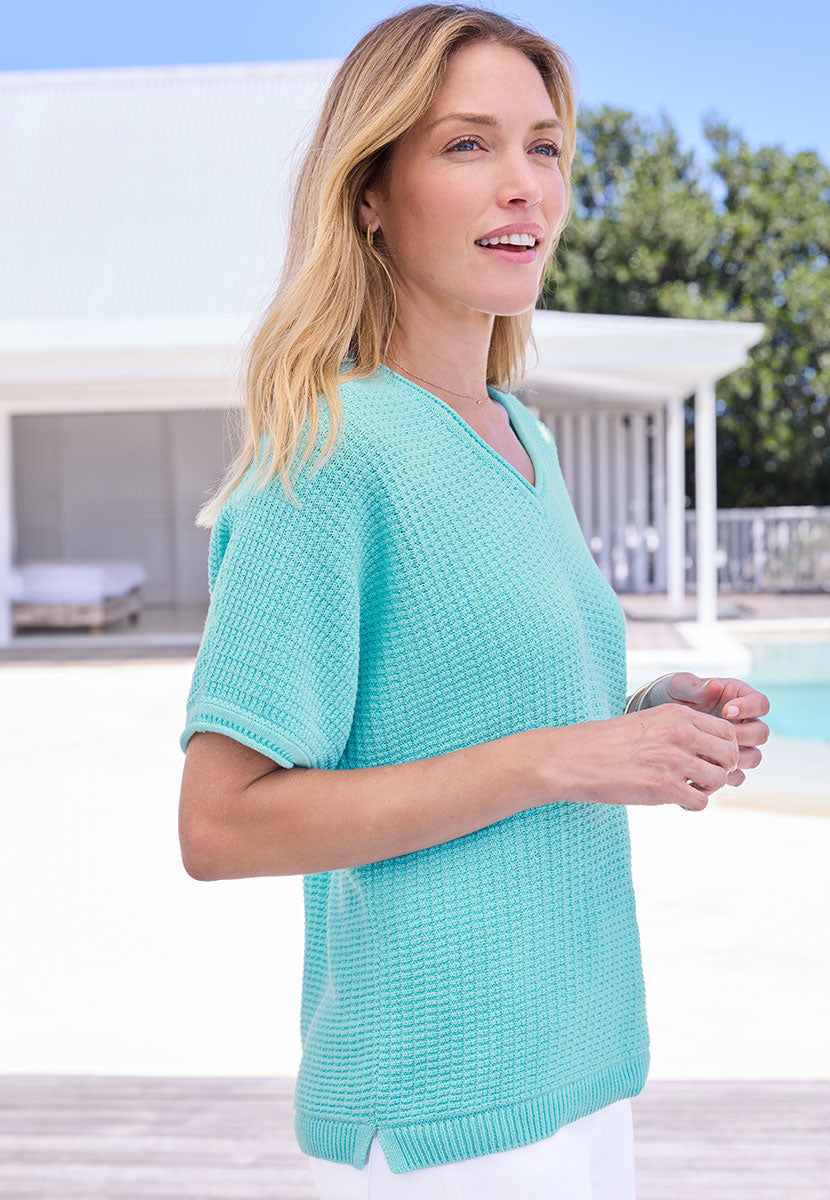 Kelly Short Sleeve Pure Cotton Knitted Jumper - Fresh Aqua