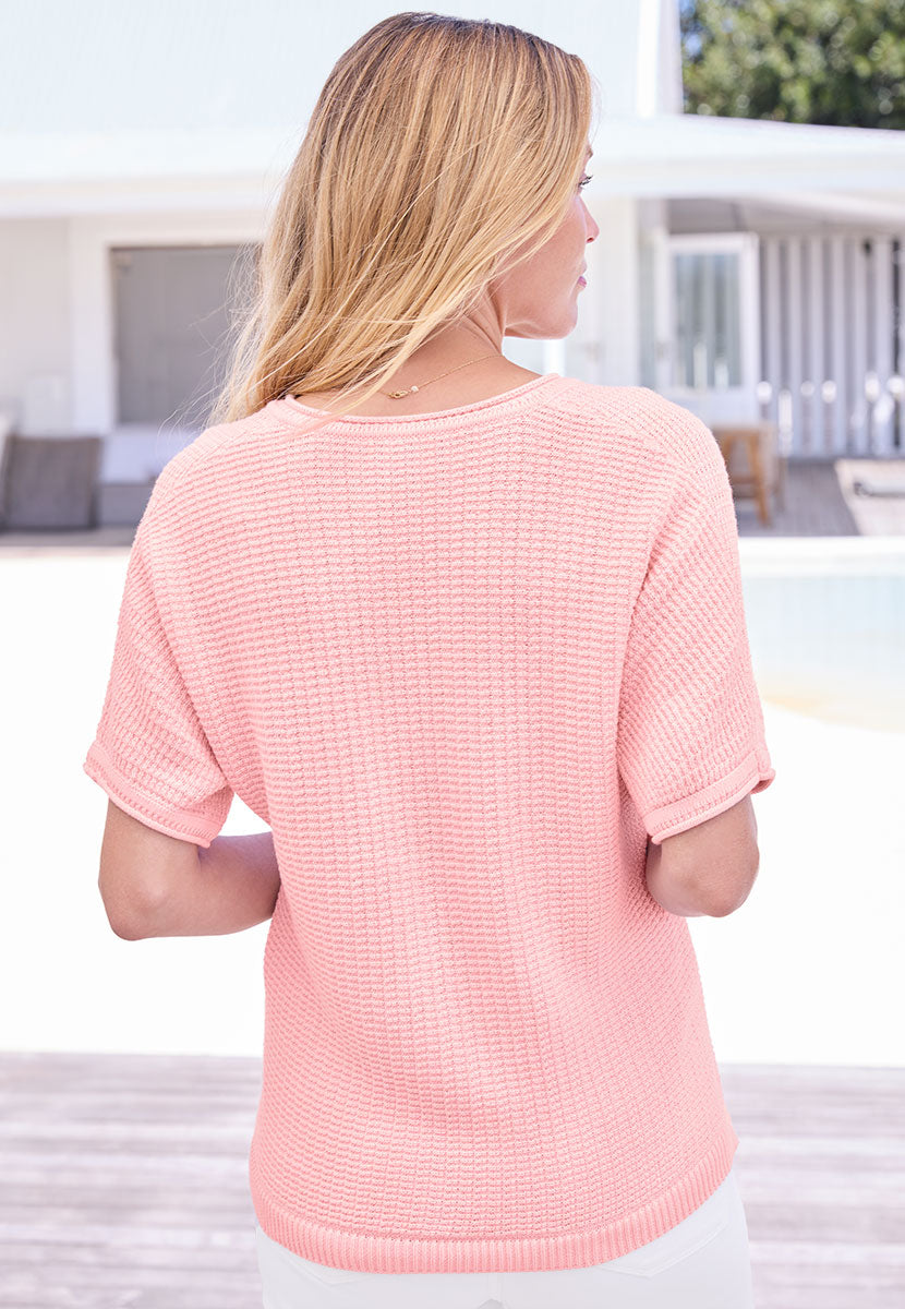 Kelly Short Sleeve Pure Cotton Knitted Jumper - Pale Pink
