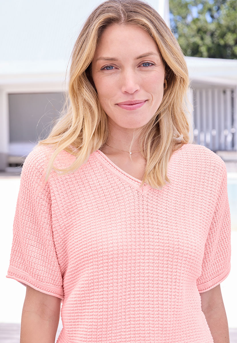Kelly Short Sleeve Pure Cotton Knitted Jumper - Pale Pink