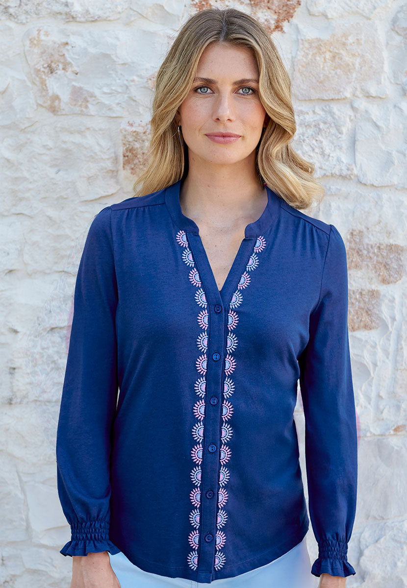 Kianna Embroidered Long Sleeve Blouse - French Navy