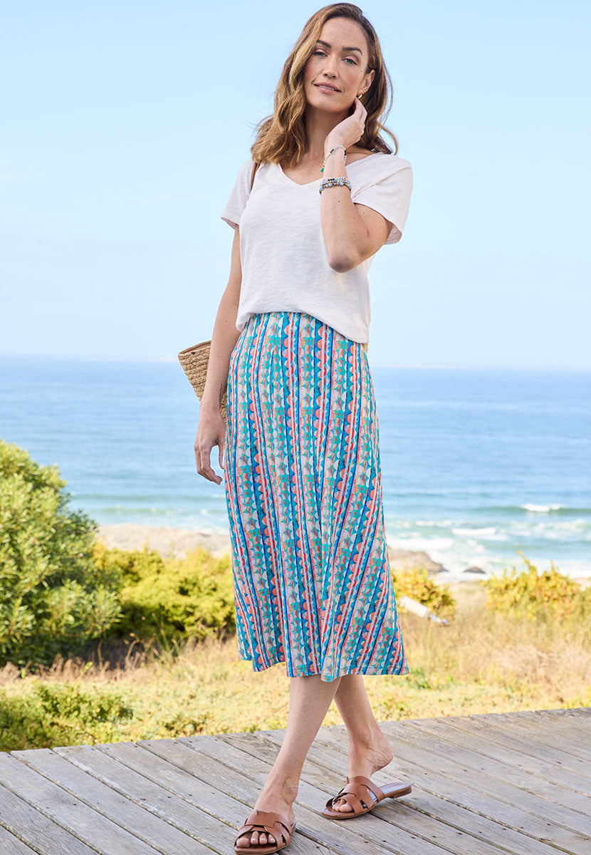 Kira Midi Pull On Skirt - Ferrera Print Multicolour Size Elegant Line and Elasticated Waist