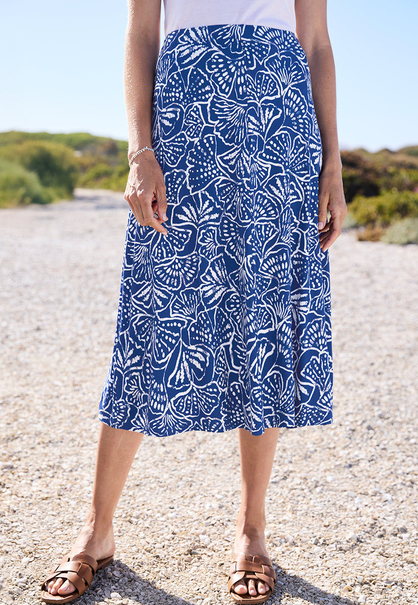 Kira Midi Pull on Elasticated Waist Skirt - Blue Floriana Print