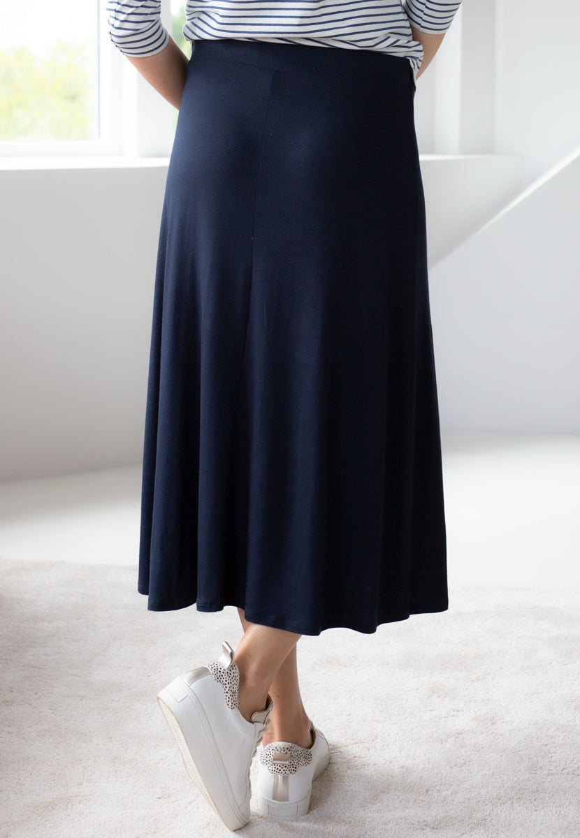 Kira Midi Pull On Skirt - Navy Dark Blue Elegant Line and Elasticated Waist Back View