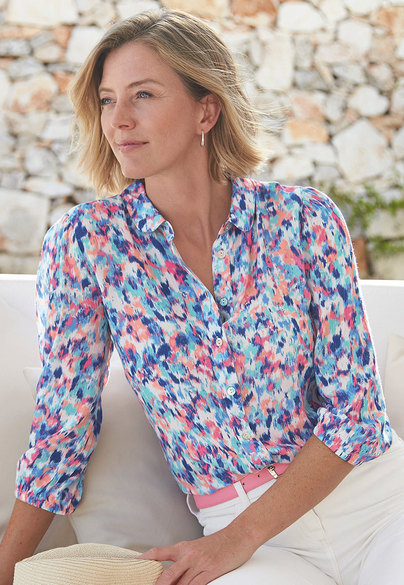 Kristen 3/4 Sleeve Button Through Collared Shirt - Madeira Print