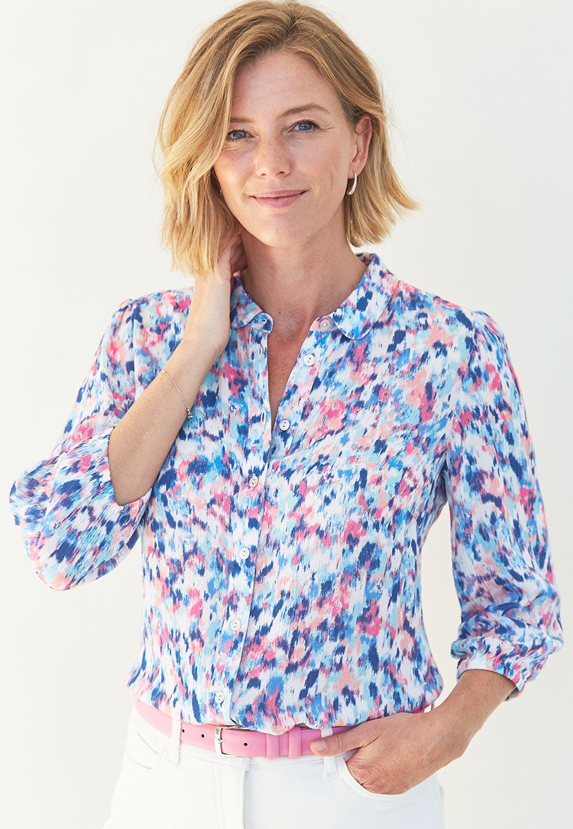 Kristen 3/4 Sleeve Button Through Collared Shirt - Madeira Print