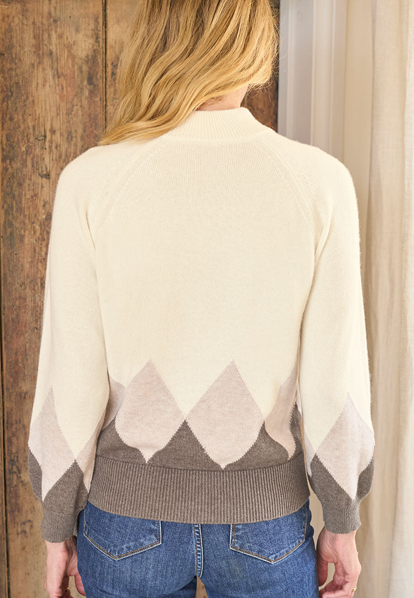 Carys Argyle Turtle Neck Jumper - Neutral Argyle Back View