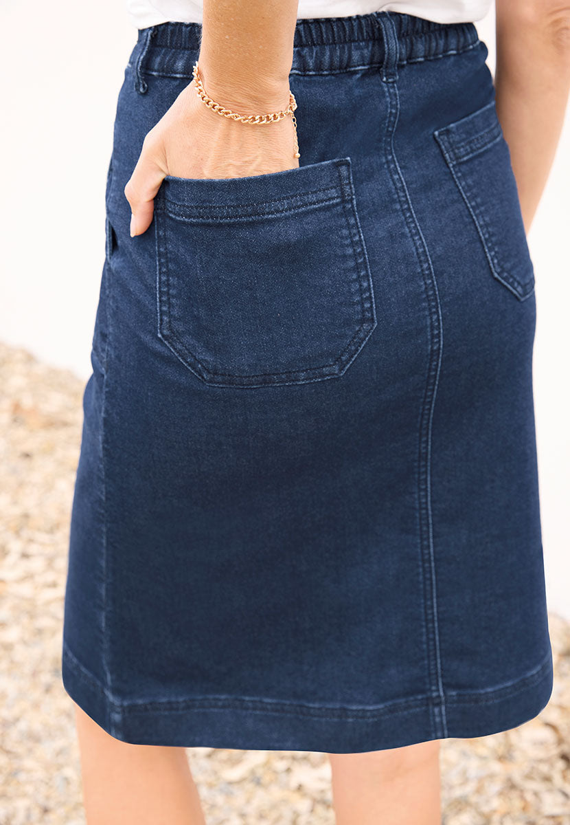 Orla A-Line Stretchy Denim Skirt - Dark Denim Casual Flattering Shape with Front Fly Belt Loops and Patch Pockets Back View