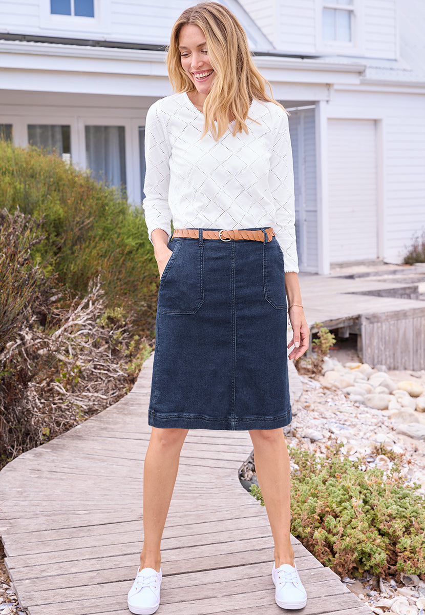 Orla A-Line Stretchy Denim Midi Skirt - Dark Denim