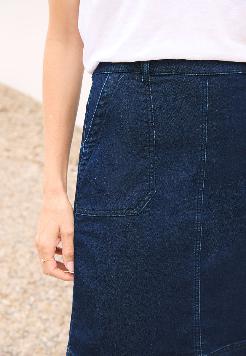 Orla A-Line Stretchy Denim Skirt - Dark Denim Casual Flattering Shape with Front Fly Belt Loops and Patch Pockets Detail View