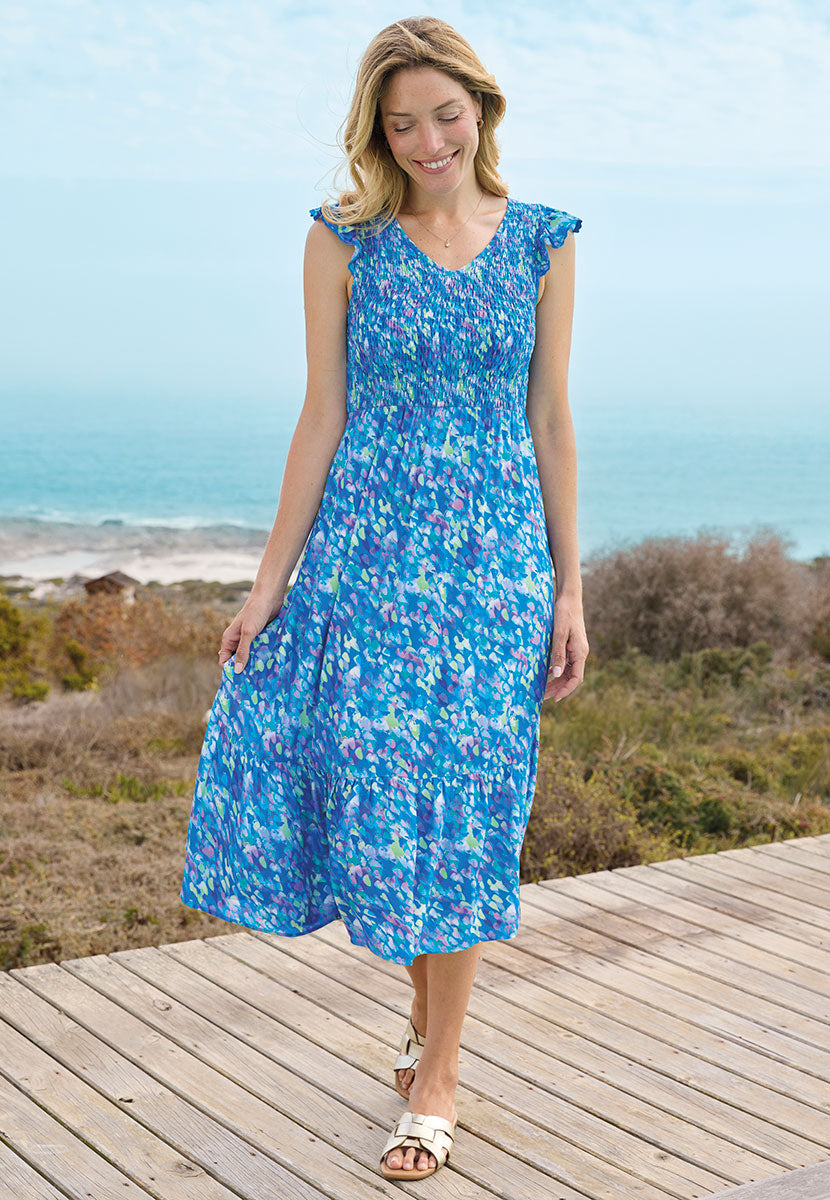 Poppy Sleeveless Midi Dress - Blue Orta Print Multi-Colour Comfortable Midi Dress with Stretchy Shirring and Frills at Shoulders and Skirt