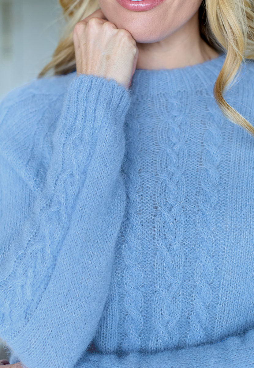 Laila Long Sleeve Cable Jumper - Powder Blue Pale Blue Alpaca Blend Crew Neck Cable Detail and Soft Ribbed Trims Back View