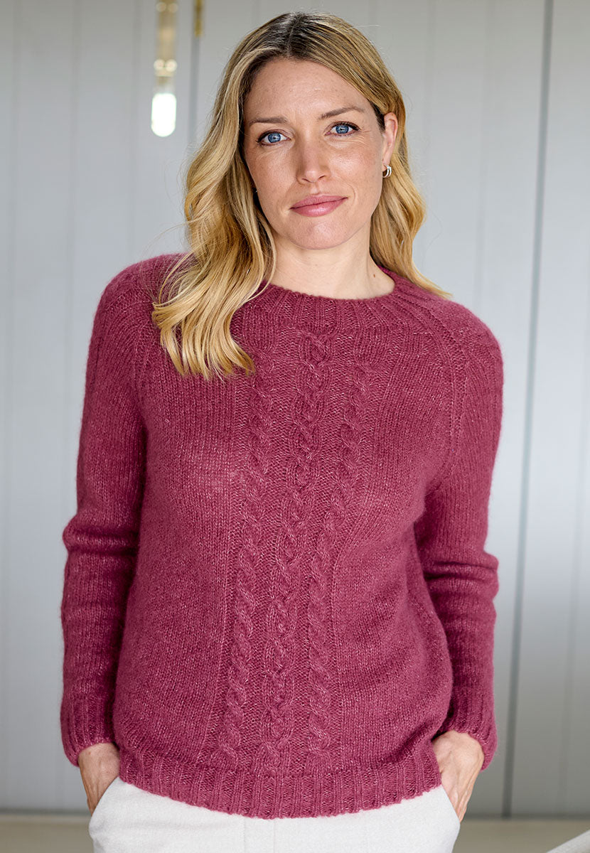 Laila Long Sleeve Cable Jumper - Warm Rose Soft Red Alpaca Blend Crew Neck Cable Detail and Soft Ribbed Trims Front Alt View