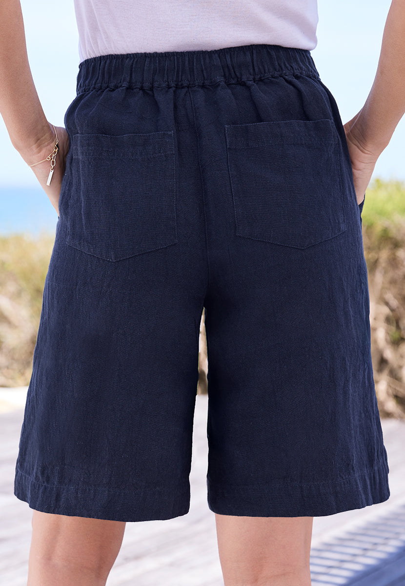 Larinna Loose Leg Linen Shorts - Navy