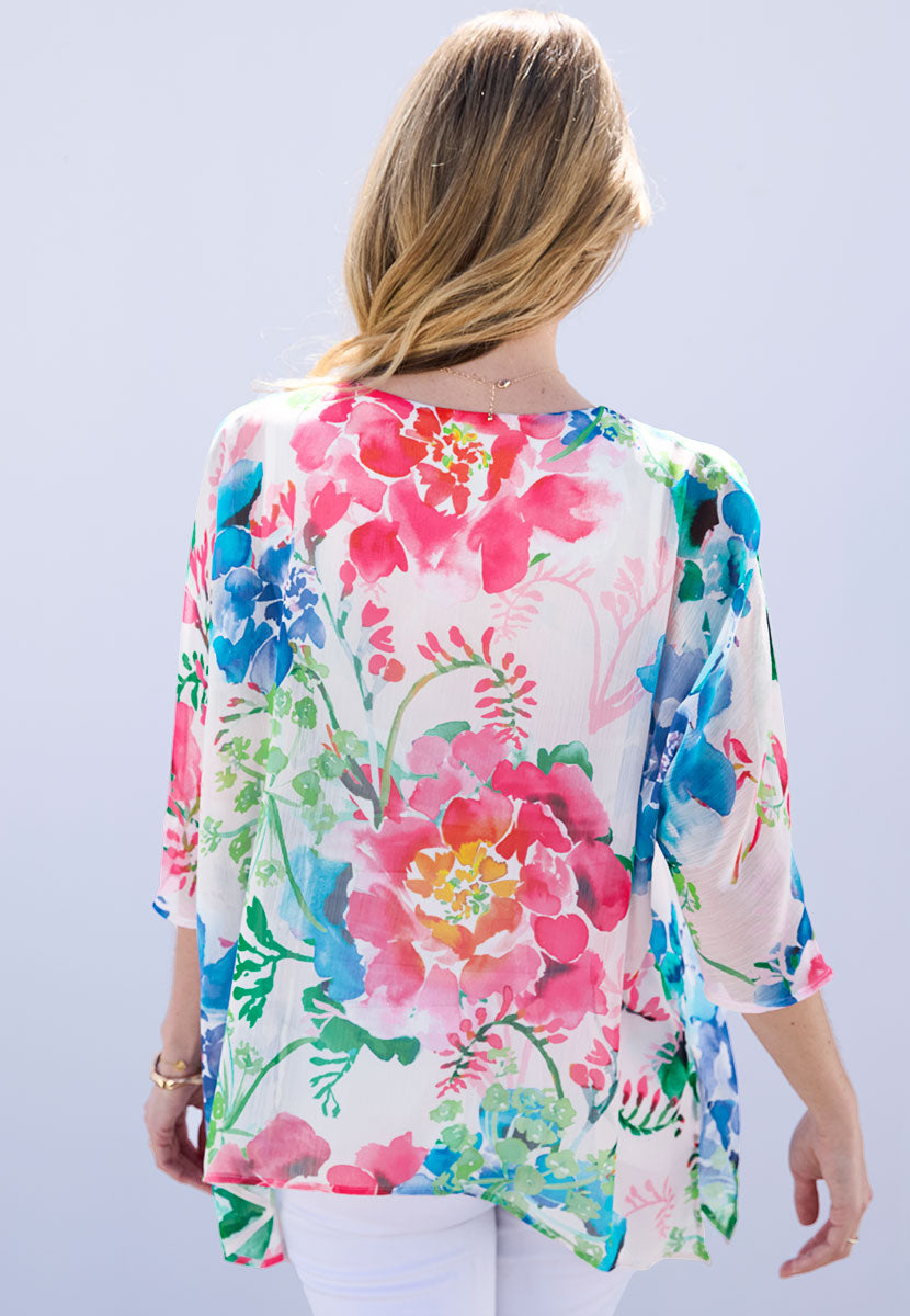 Larissa Floral Jersey Lined Blouse - Avola Floral V Neck with Elbow Length Sleeves For a Floaty and Flattering Wear Back View