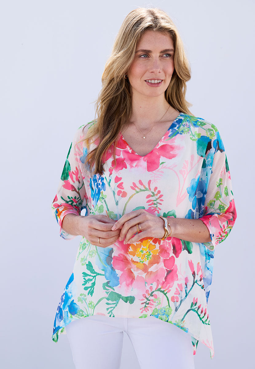 Larissa Floral Jersey Lined Blouse - Avola Floral V Neck with Elbow Length Sleeves For a Floaty and Flattering Wear 