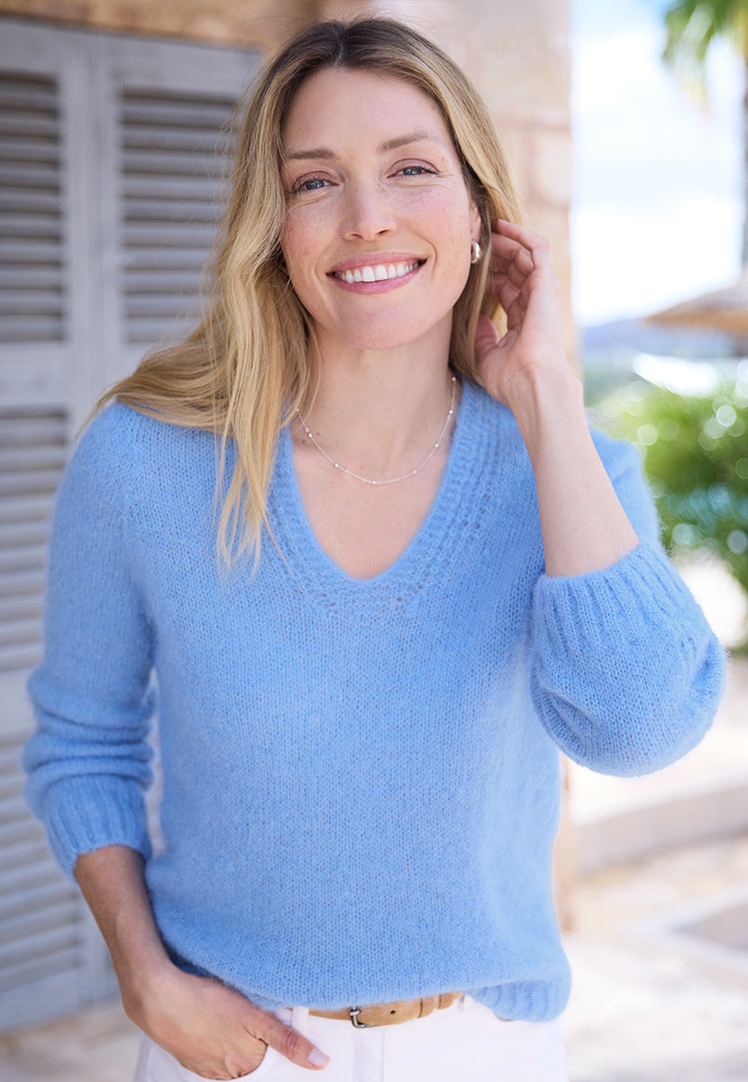 Lena Long Sleeve V-Neck Jumper - Bluebell