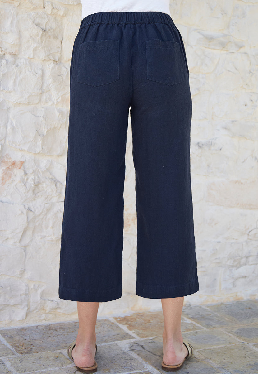 Lennie Linen Wide Leg Crop Trouser - Navy
