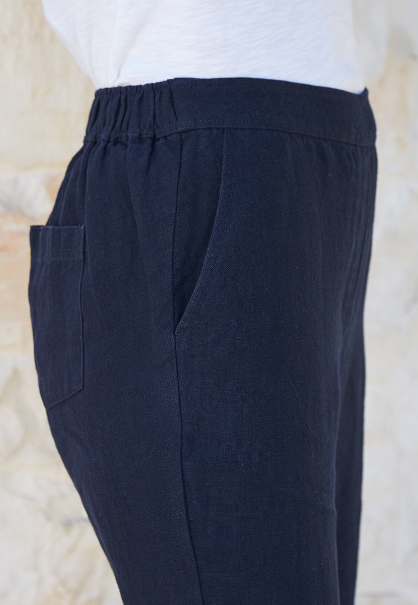 Lennie Linen Wide Leg Crop Trouser - Navy
