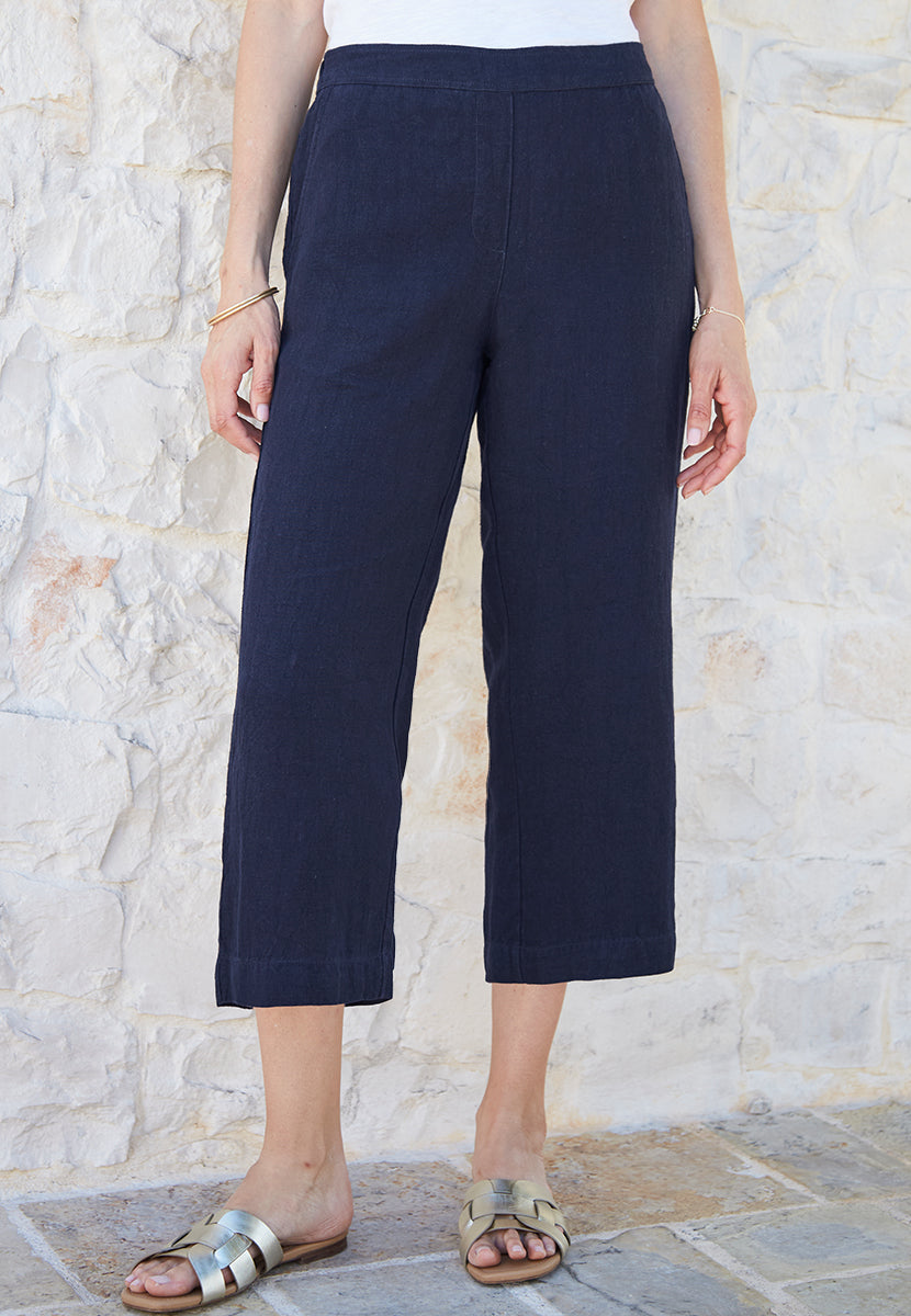 Lennie Linen Wide Leg Crop Trouser - Navy