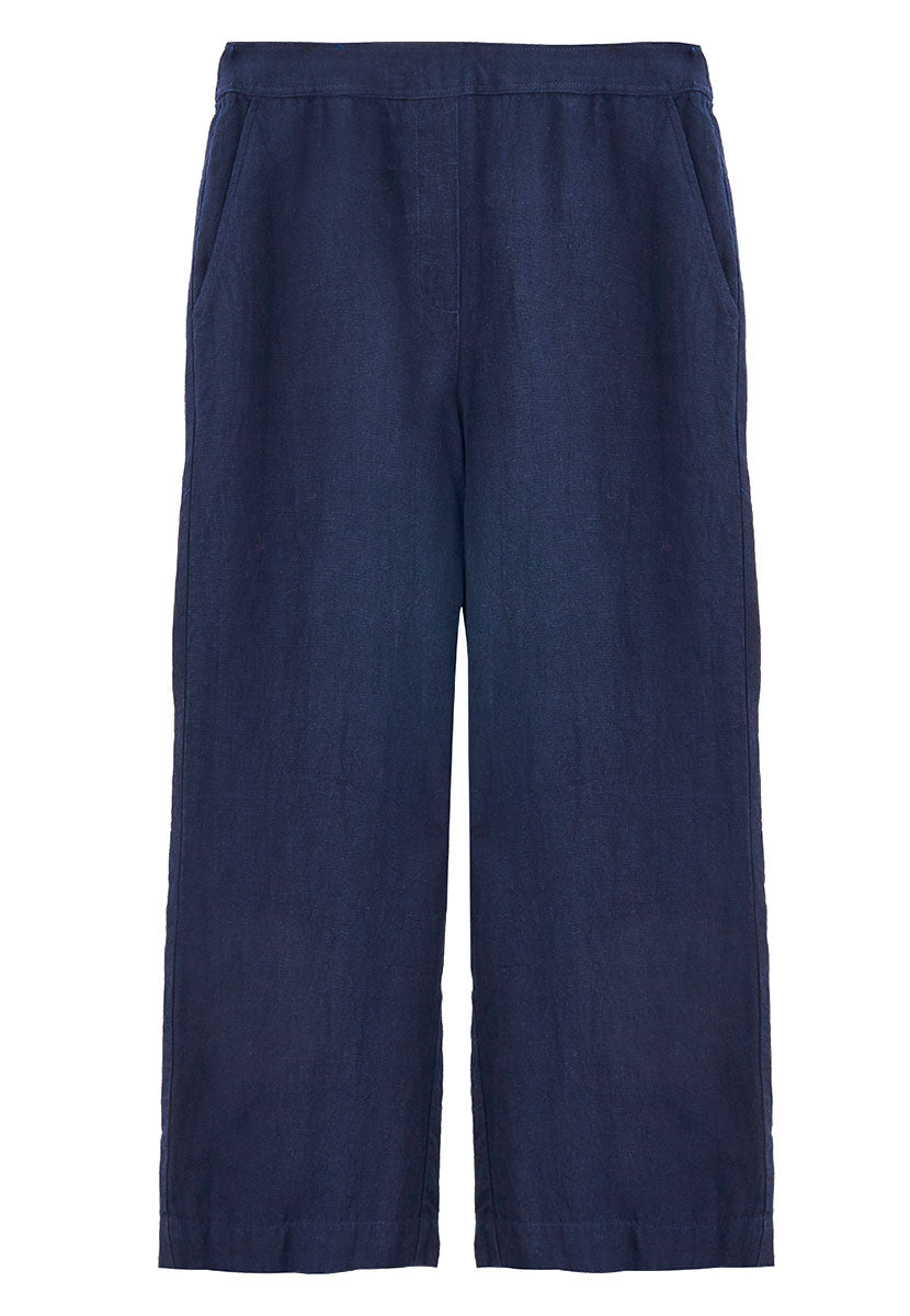 Lennie Linen Wide Leg Crop Trouser - Navy
