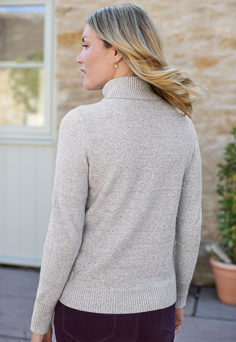 Leticia Deep Cuff Roll Neck Jumper - Heather Grey Light Grey Viscose Blend Roll Neck Soft Stretchy Midweight Knit with Chevron Stitch Detail Back View