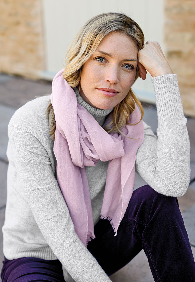 Leticia Deep Cuff Roll Neck Jumper - Heather Grey Light Grey Viscose Blend Roll Neck Soft Stretchy Midweight Knit with Chevron Stitch Detail Alt View