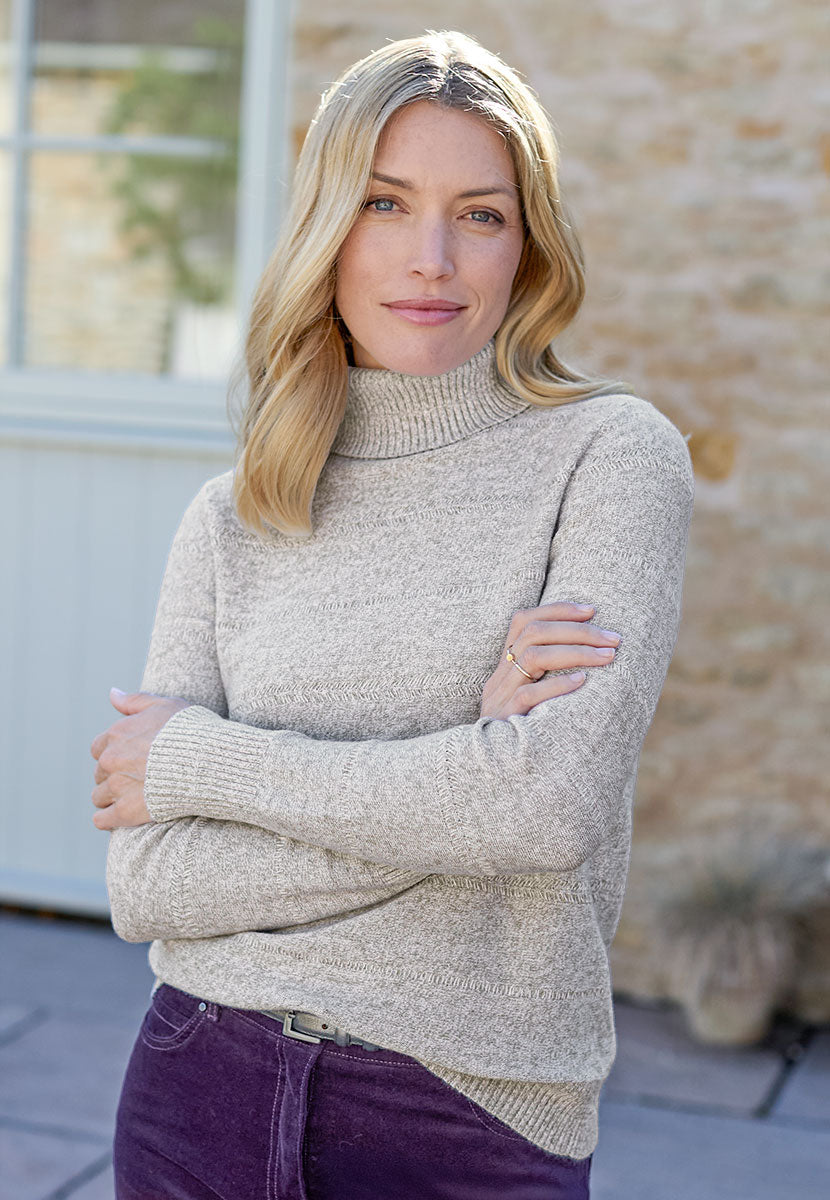 Leticia Deep Cuff Roll Neck Jumper - Heather Grey Light Grey Viscose Blend Roll Neck Soft Stretchy Midweight Knit with Chevron Stitch Detail Front Alt View