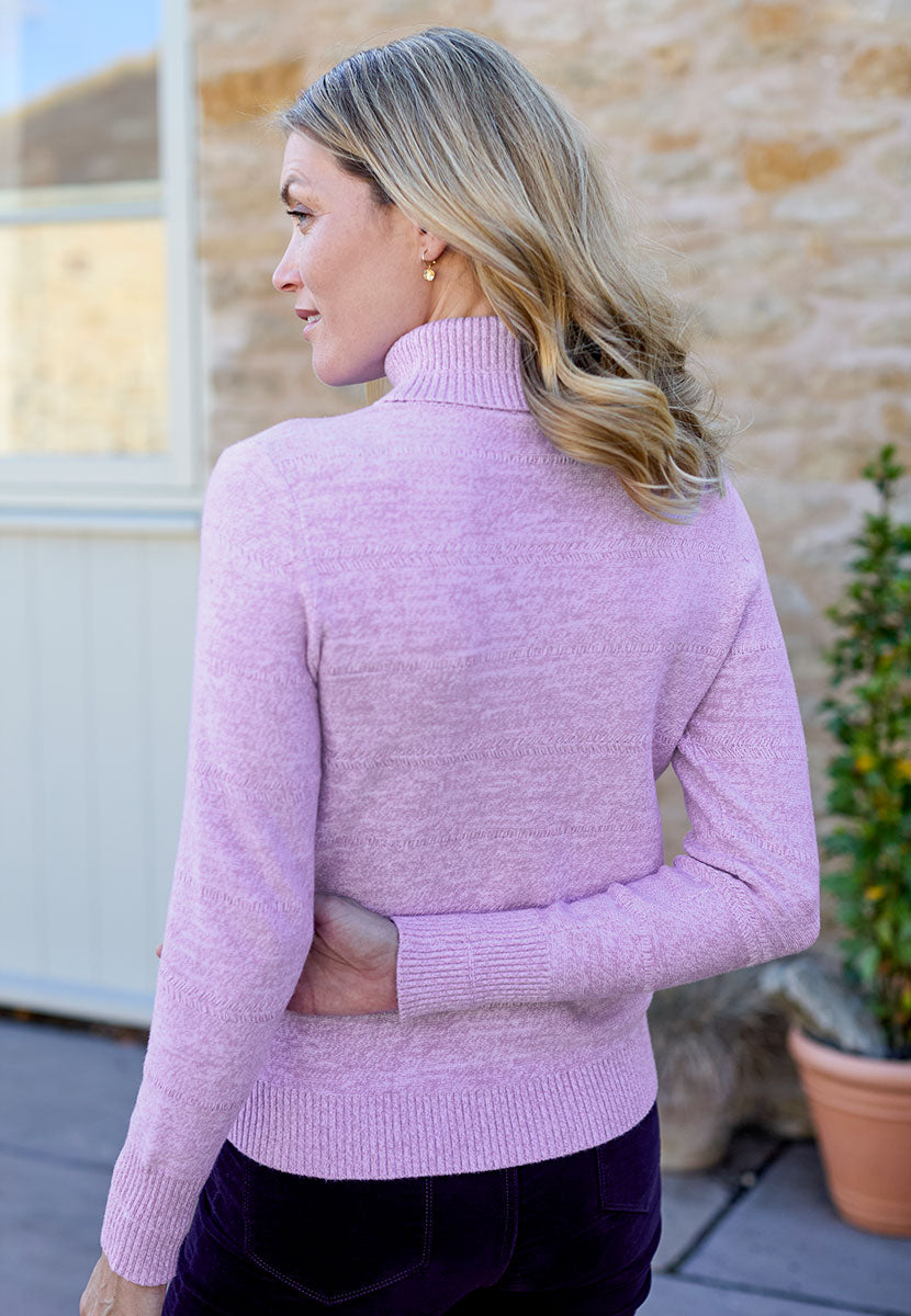 Leticia Deep Cuff Roll Neck Jumper - Lilac Pastel Purple Viscose Blend Roll Neck Soft Stretchy Midweight Knit with Chevron Stitch Detail Back View