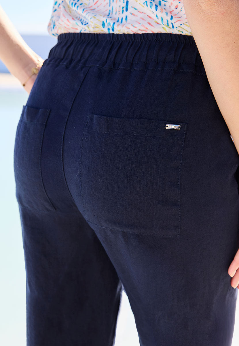 TONI Summer Linen Crop Trouser - Dark Navy Wide Leg Design with Side and Back Functional Pockets Back Detail View