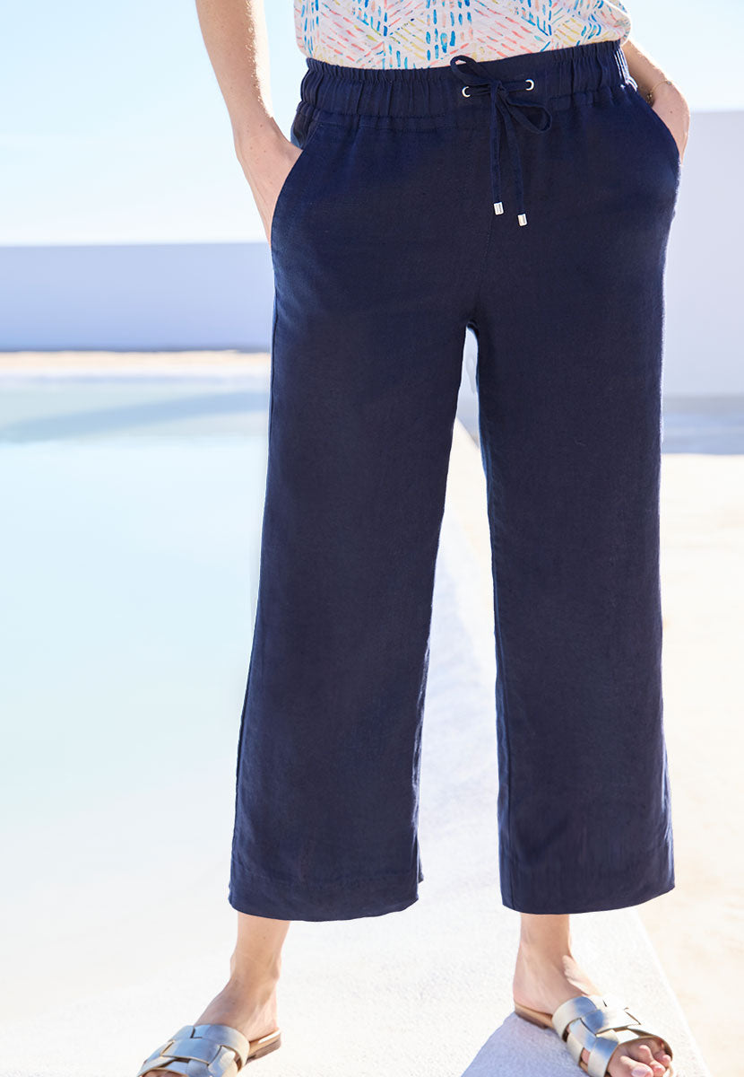 TONI Summer Linen Crop Trouser - Dark Navy Wide Leg Design with Side and Back Functional Pockets Front Alt View