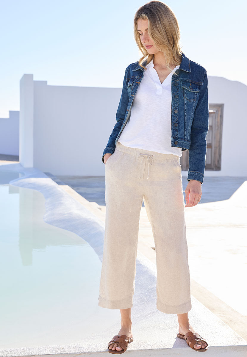 TONI Summer Linen Crop Trouser - Natural Wide Leg Design with Side and Back Functional Pockets Front Alt View